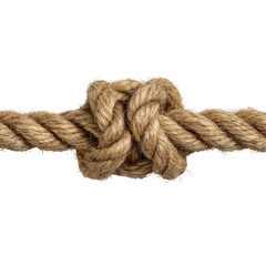 Fototapeta premium Close-up shows a thick, brown rope knotted in the center against a black background