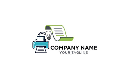 Creative printer logo with document and lightbulb representing ideas and printing.