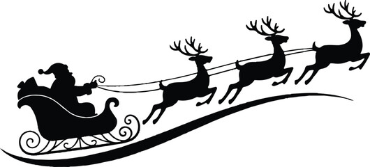Silhouette of Santa Claus riding in a sleigh with reindeer. Vector on transparent background