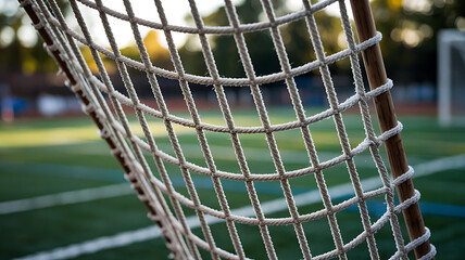 Closeup of a soccer net on a green field, capturing the texture of the net and the blurred background of the field and trees in the distance