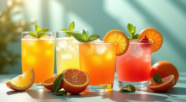 Glasses of different colored drinks with oranges and mint