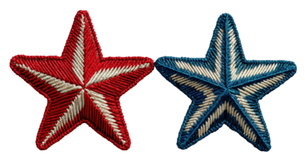 Two embroidered five-pointed stars, one red and white, the other blue and white