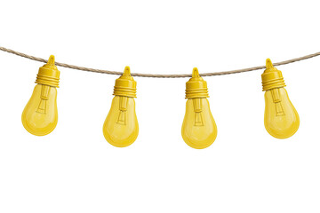 A string of four luminous yellow light bulbs hang from a brown string against a black backdrop