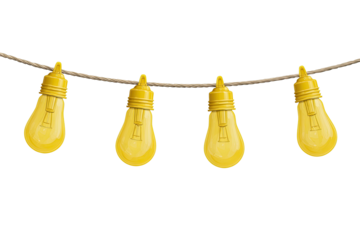 A string of four luminous yellow light bulbs hang from a brown string against a black backdrop