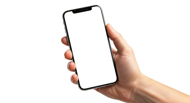 Hand holding Smartphone as png photo and isolated on white background for your mobile phone app or web site design, logo Global Business technology
