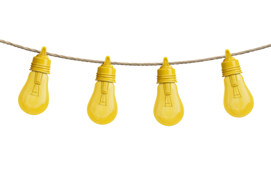 A string of four luminous yellow light bulbs hang from a brown string against a black backdrop - Powered by Adobe