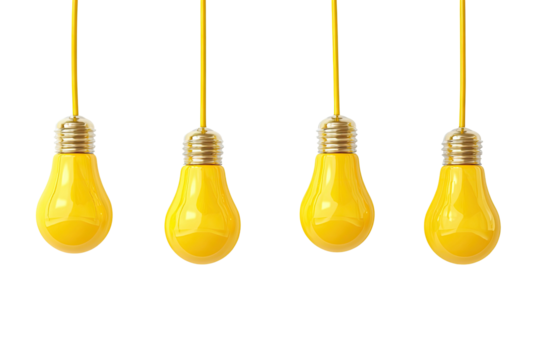 Four glowing yellow light bulbs hang suspended against a stark black backdrop, wires visible