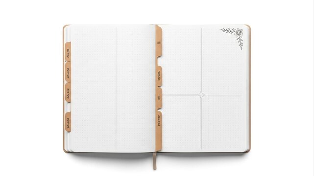 Open undated planner or journal with blank pages and tabbed dividers, featuring a subtle floral illustration, ideal for personal organization, goal setting, and daily planning