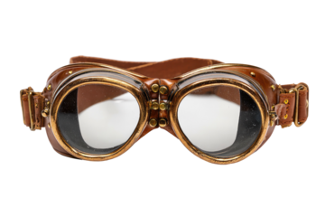 Close-up shot of vintage aviator goggles featuring brown leather, brass hardware, and clear lenses