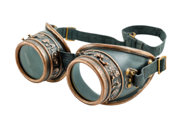 Pair of steampunk-style goggles with copper accents on dark grey, sitting on a black background