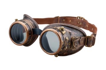 Close-up of antiquated goggles with a brown leather strap, set against a black background