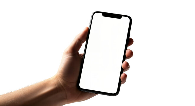 Hand holding Smartphone as png photo and isolated on white background for your mobile phone app or web site design, logo Global Business technology