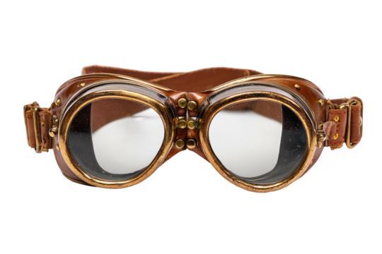 Close-up shot of vintage aviator goggles featuring brown leather, brass hardware, and clear lenses