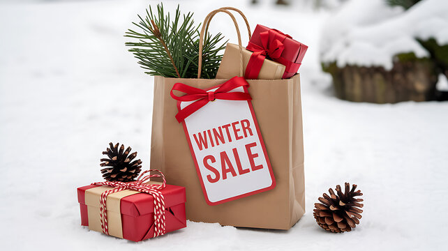 A festive winter sale scene featuring a kraft paper bag filled with gifts and a pine branch, accompanied by pinecones and a wrapped present on snow