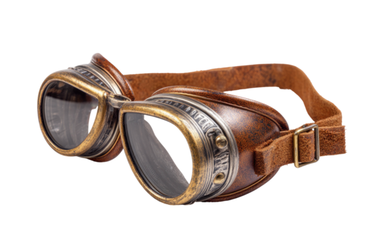 Close-up of retro-style eyewear featuring brown leather, brass metalwork, and dark tinted lenses