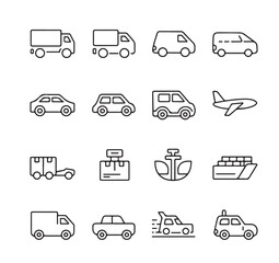 Collection of hand-drawn line art icons representing various forms of transportation and logistics
