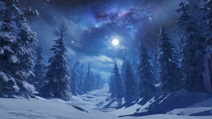 Winter night in forest. Snow-covered trees, bright moon, and starry sky create tranquility and magic. Moonlight illuminates a snowy forest. Mystical atmosphere