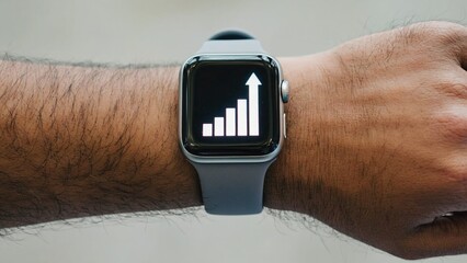 Man wearing smartwatch with rising bar chart and upward arrow, symbolizing success and progress. Person with smartwatch displaying graph, embodying motivation and goal attainment.