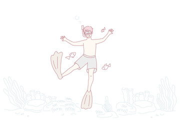 Boy child in scuba and swim fins snorkeling under water in sea. Happy kid in swimwear diving in ocean. Active summer vacation or holiday. Marine entertainment. Flat vector illustration.