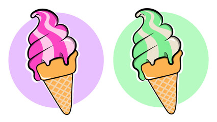 Colorful ice cream cones illustration with pink and green flavors isolated on white background