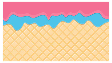 Ice cream waffle cone background with pink and blue melting cream design
