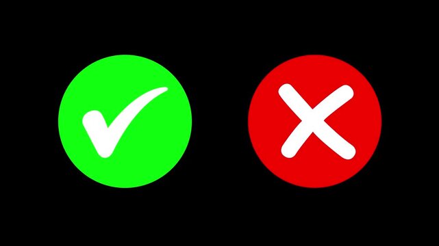 Check mark icon button set. Check box icon with right and wrong buttons and yes or no. Animated pop-up green check mark and red cross symbol on black background. checkmark icon motion animation.