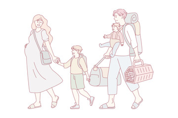 Young family with kids carry personal belongings ready for summer vacation. Happy father, pregnant mother and children ready for travel. Season holiday, tourism concept. Leisure activity.