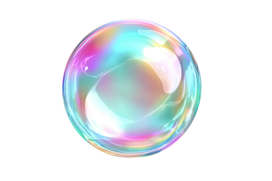 A floating, spherical soap film with iridescent color gradients against a stark black background
