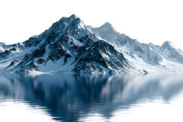 Snow-covered alpine mountain with blue lake reflection, isolated on transparent background