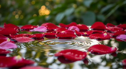 Floating rose petals creating concentric ripples, expressing tranquility and grace
