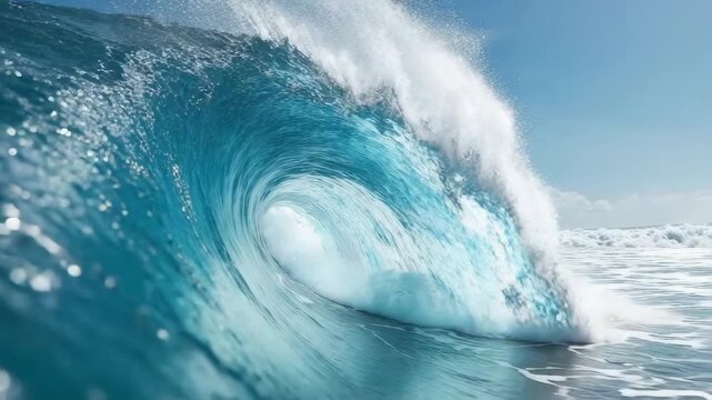 Powerful ocean wave crashing and curling in the sea under a clear blue sky