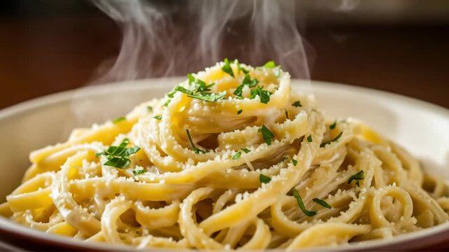 A steaming plate of fettuccine alfredo with parsley and parmesan cheese video generative ai