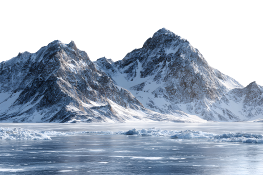 Frozen arctic landscape with icy mountains and frozen lake, isolated on transparent background