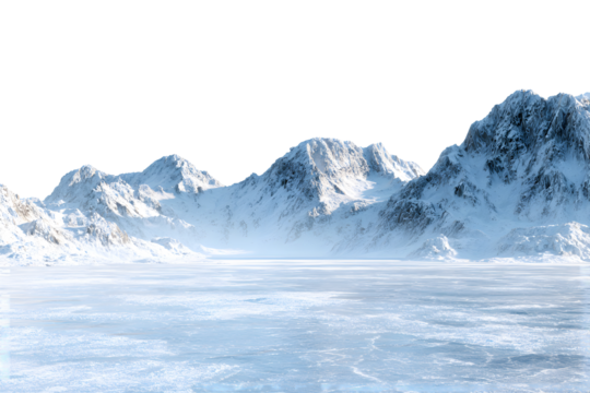 Frozen arctic landscape with icy mountains and frozen lake, isolated on transparent background