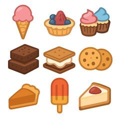 Dessert Treats Icons. Flat icon set of dessert treats: ice cream cone, fruit tart, cupcakes, brownies, s’mores