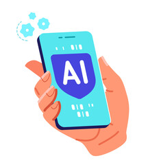 AI on smartphone screen. Hand touching virtual assistant for customer support. Global data access on online network