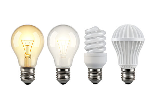 Set of four light bulbs side view isolated on transparent background perfect for energy design, innovation concept, and creative artwork