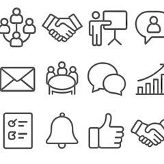 Stakeholder Engagement Icons. Outline icon set of stakeholder engagement: group network, handshake,