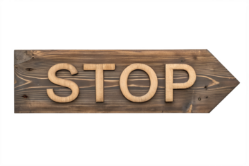 Wooden stop sign side view isolated on transparent background perfect for caution design, safety theme, and rustic road direction artwork