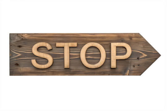 Wooden stop sign side view isolated on transparent background perfect for caution design, safety theme, and rustic road direction artwork