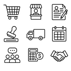 Procurement Icons Grid. Outline icon set of procurement teams: shopping cart, vendor icon, contract, purchase