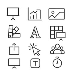 Presentation Design Icons. Outline icon set of presentation design: slide deck, chart icon, image icon, text