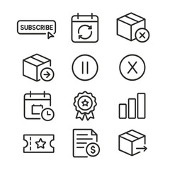 Subscription Icons Set. Outline icon set of subscriptions and memberships: subscribe button, delivery
