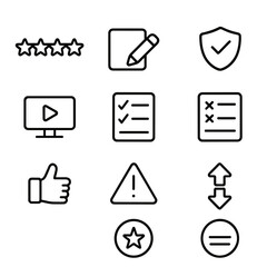 Review Icons Grid. Outline icon set of reviews and ratings: star rating, write review, verified buyer, photo