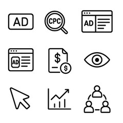 Search Marketing Icons Grid. Outline icon set of search engine marketing: ad badge, CPC coin, keywords, ad