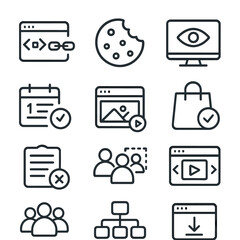 Retargeting Icon Set. Outline icon set of retargeting: pixel code, cookie, audience bucket, view-through,