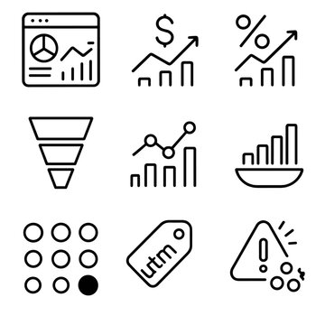 Analytics Icon Set. Outline icon set of analytics and KPIs: dashboard, revenue, AOV, conversion rate, funnel,