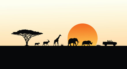 African safari adventure at sunset with giraffe, lion, elephant, and jeep silhouette against a vibrant orange sky © Jahanzaib