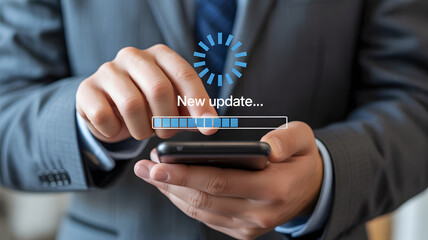 Professional hands update smartphone with progress bar and loading animation, symbolizing progress and innovation
