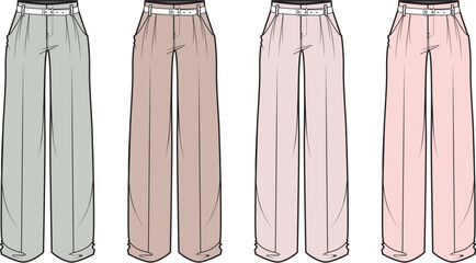 Set of women's high-waisted wide-leg trousers in pastel colors, presented as a fashion flat technical sketch for apparel design and collection mockups